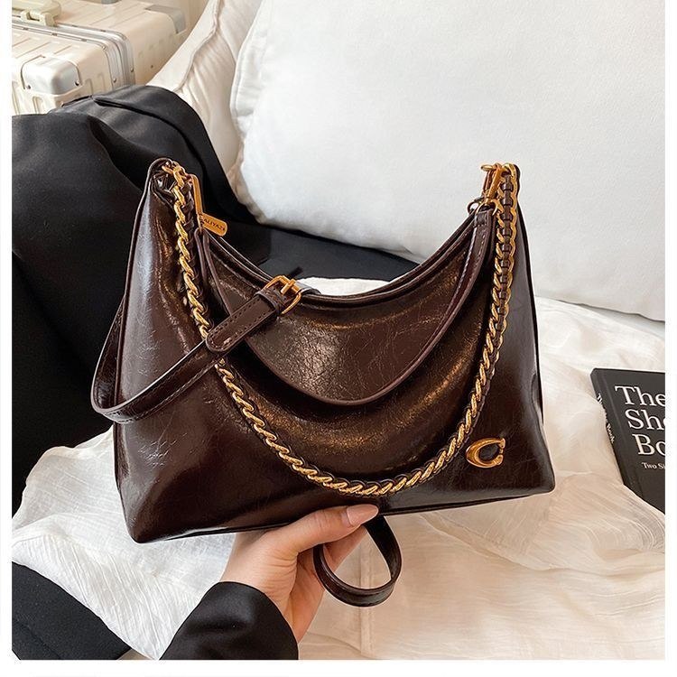 Glossy Chain Shoulder Bag with Gold Tone Hardware