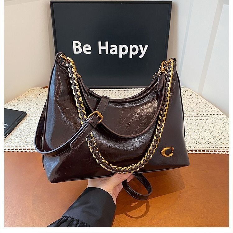 Glossy Chain Shoulder Bag with Gold Tone Hardware