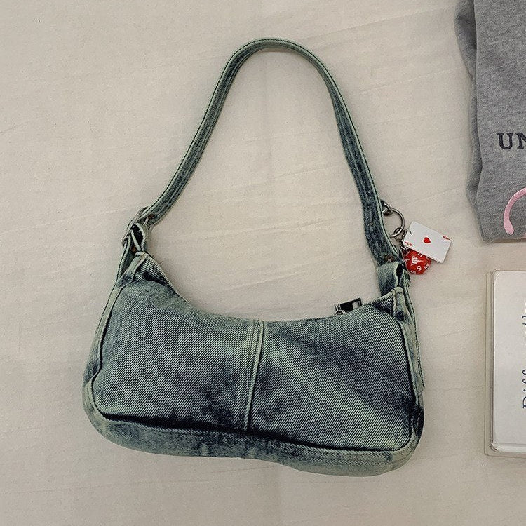 Denim Multi-Pocket Shoulder Bag with Playing Card Charm