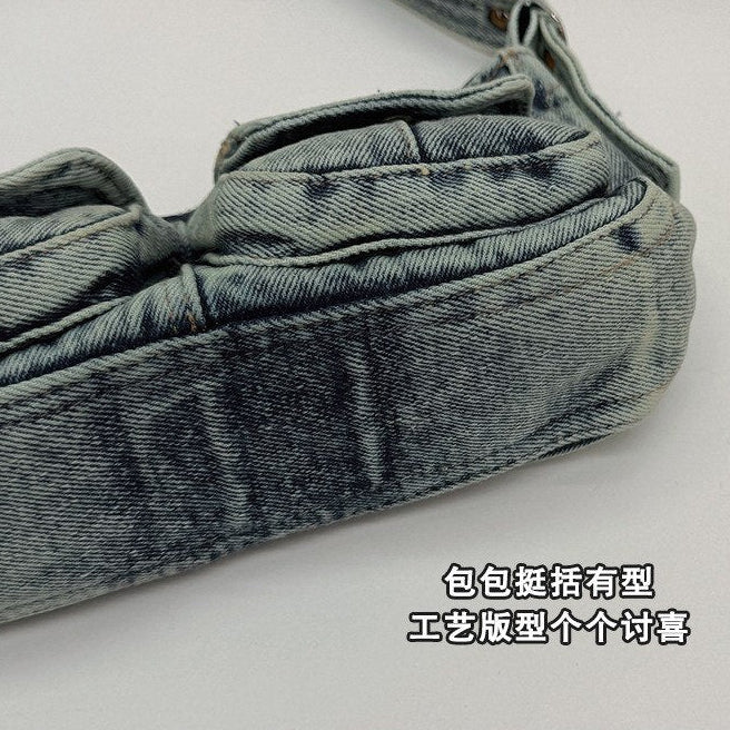 Denim Multi-Pocket Shoulder Bag with Playing Card Charm