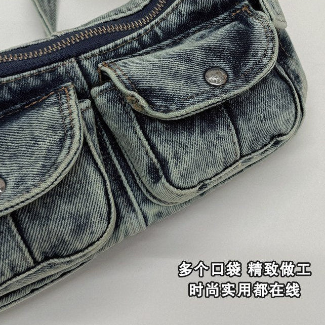 Denim Multi-Pocket Shoulder Bag with Playing Card Charm