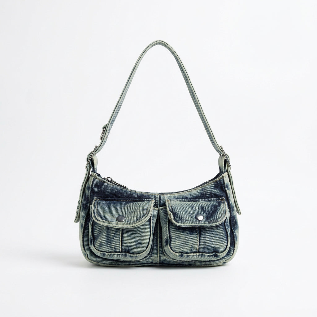 Denim Multi-Pocket Shoulder Bag with Playing Card Charm