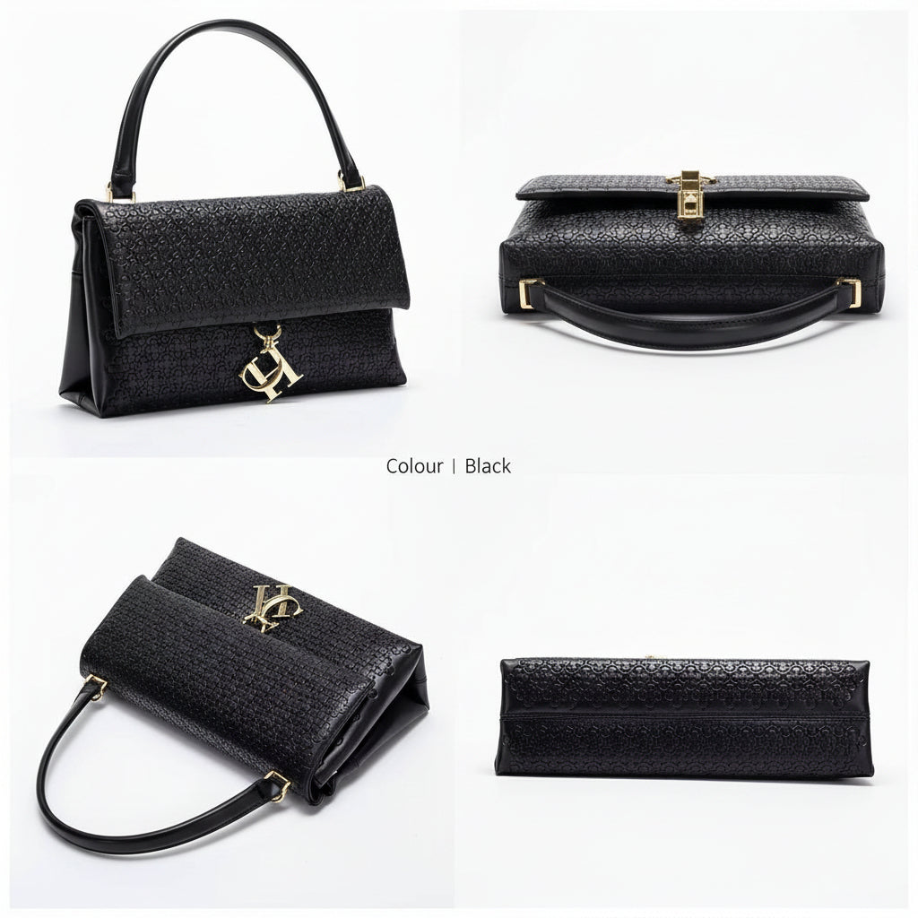 Chic Embossed Black Handbag with Gold-Tone Charm 🖤👜✨