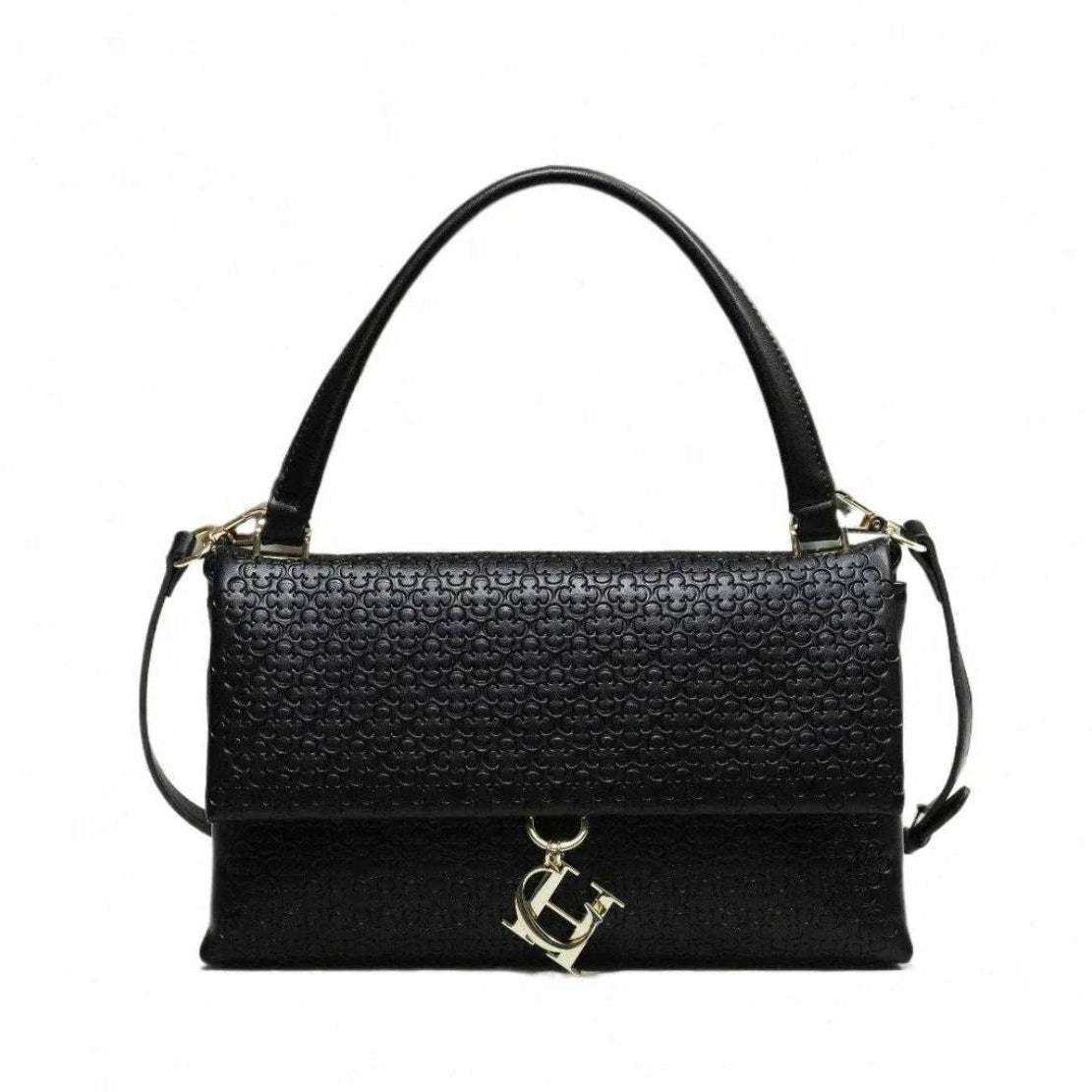 Chic Embossed Black Handbag with Gold-Tone Charm 🖤👜✨