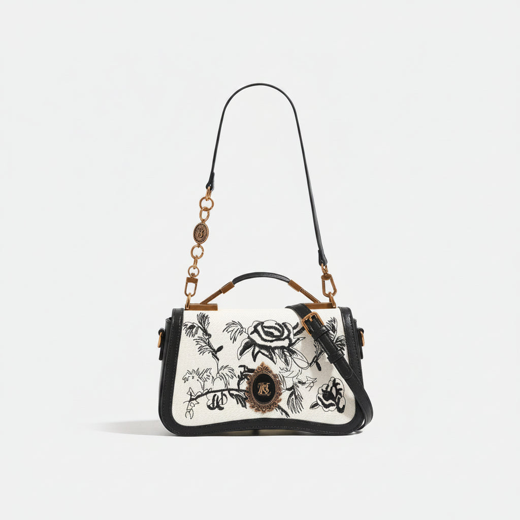 Banevanf Floral Satchel: Black & White Elegance 👜🖤