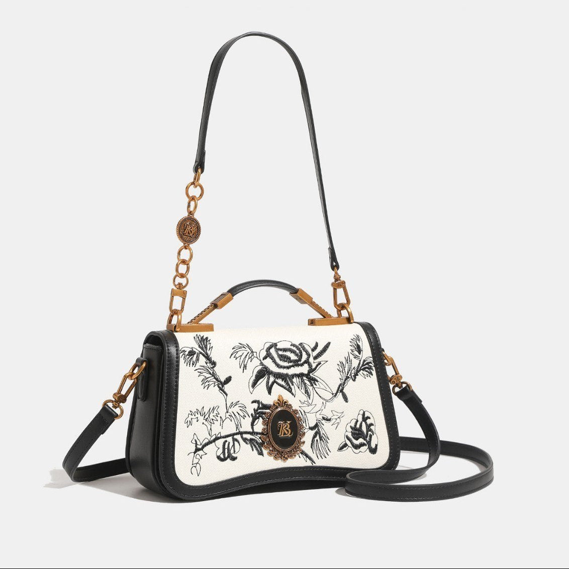 Banevanf Floral Satchel: Black & White Elegance 👜🖤