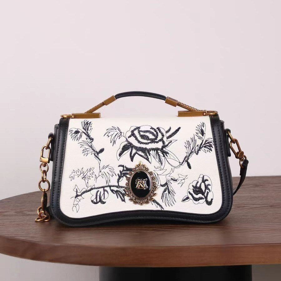 Banevanf Floral Satchel: Black & White Elegance 👜🖤