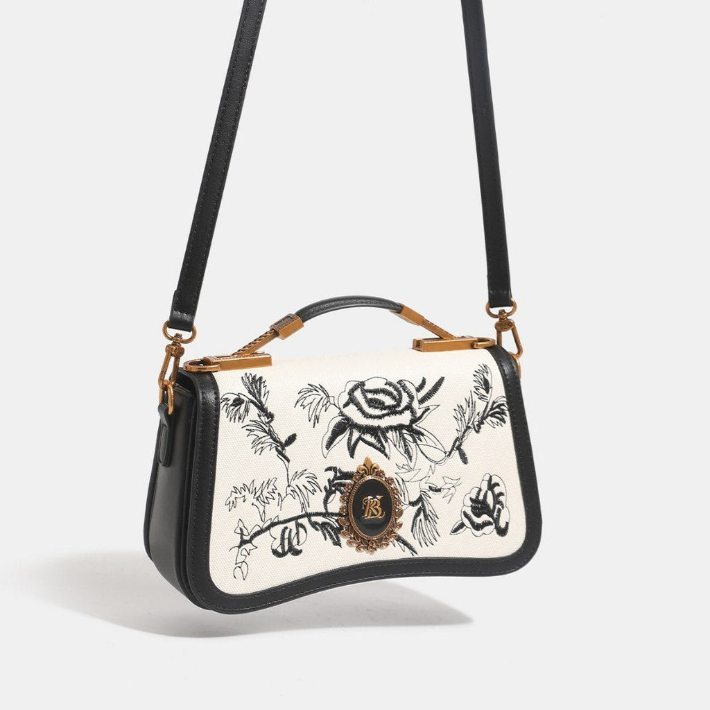Banevanf Floral Satchel: Black & White Elegance 👜🖤