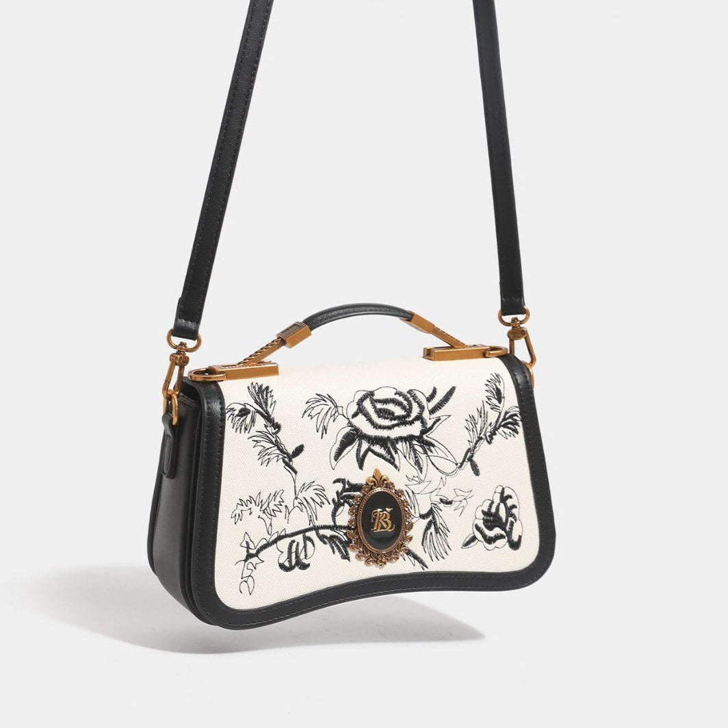 Banevanf Floral Satchel: Black & White Elegance 👜🖤