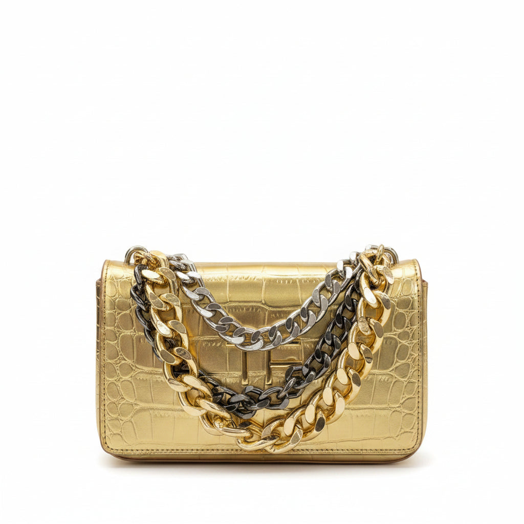 Gold Crocodile Embossed Leather Bag with Multi-Tone Chain Strap ✨👜