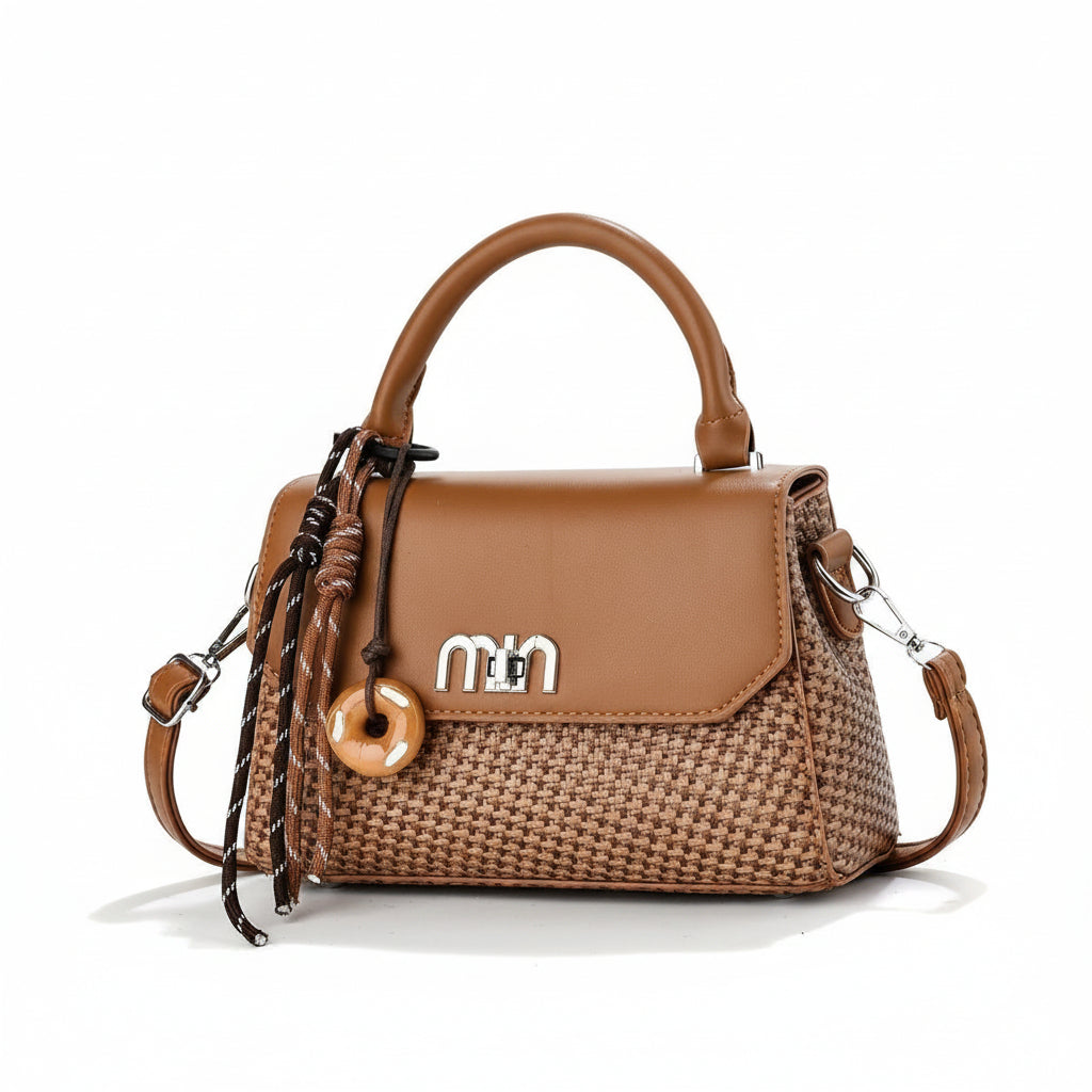 Woven Texture Flap Handbag with Donut Charm