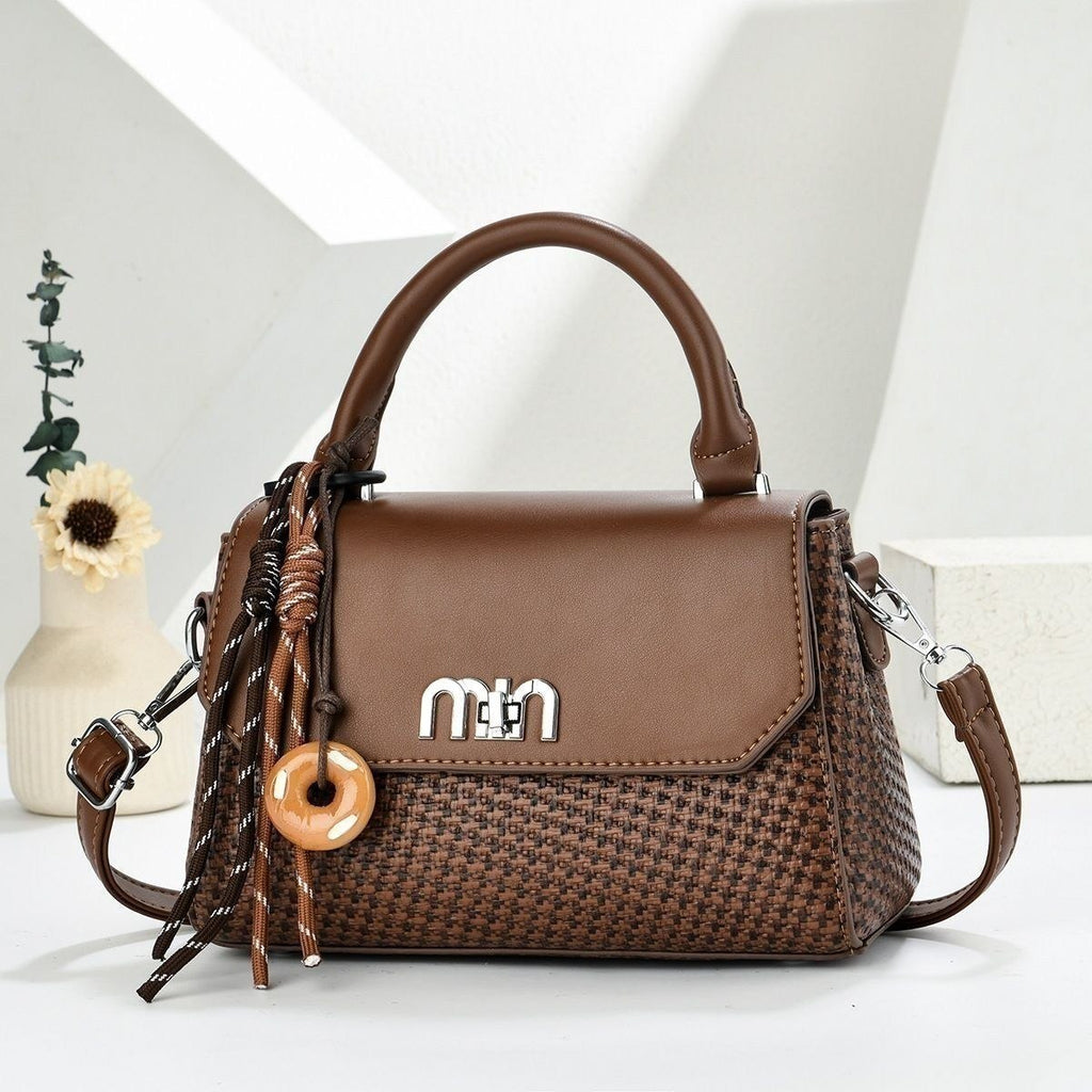 Woven Texture Flap Handbag with Donut Charm