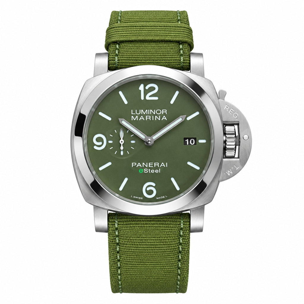 Panerai Luminor Marina eSteel Green Dial Fabric Strap Watch