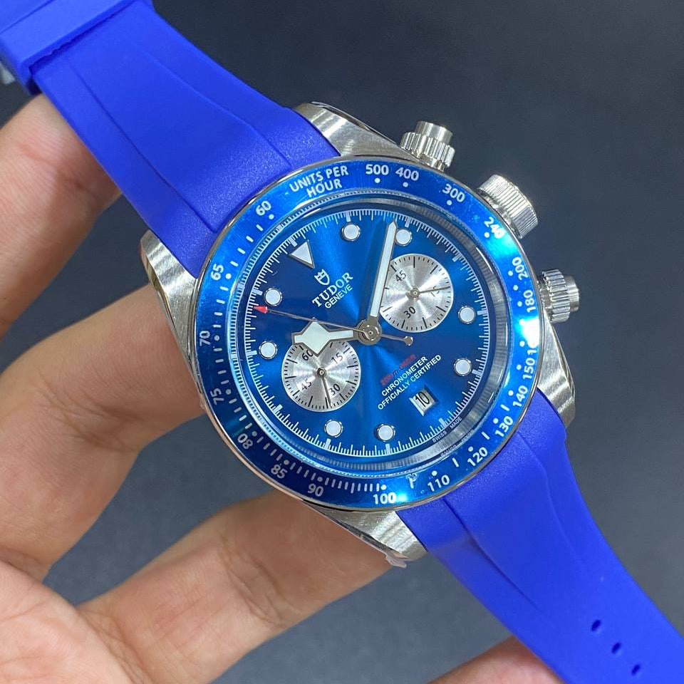 Tudor Chronograph with Light Blue Dial and Rubber Strap