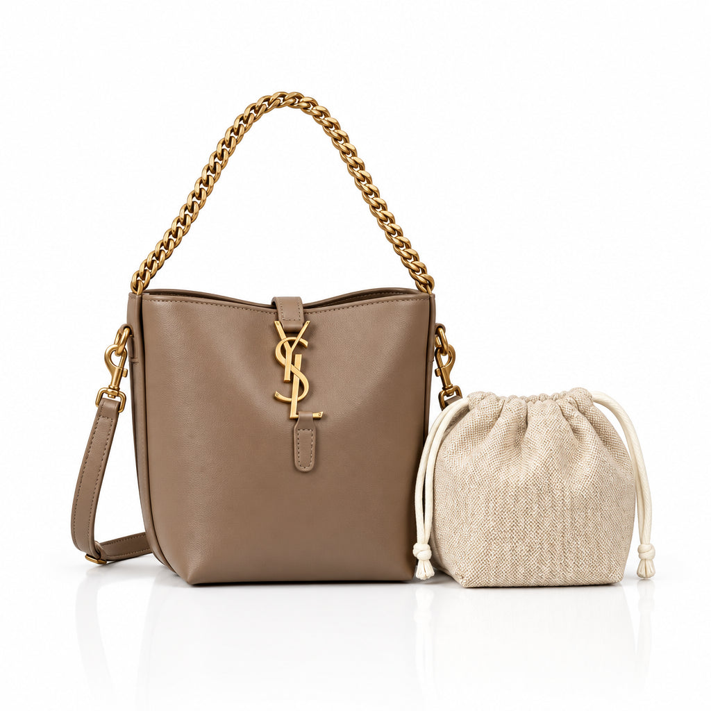 Taupe Saint Laurent Inspired Bucket Bag with Chain Detail