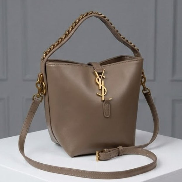 Taupe Saint Laurent Inspired Bucket Bag with Chain Detail