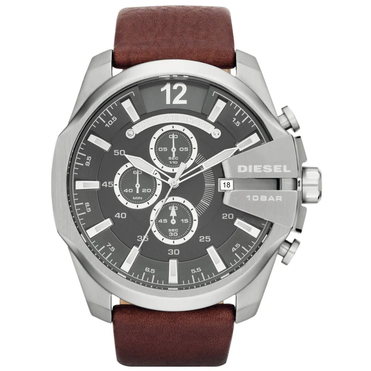 Diesel Only The Brave Chronograph Blue Dial Brown Leather Watch
