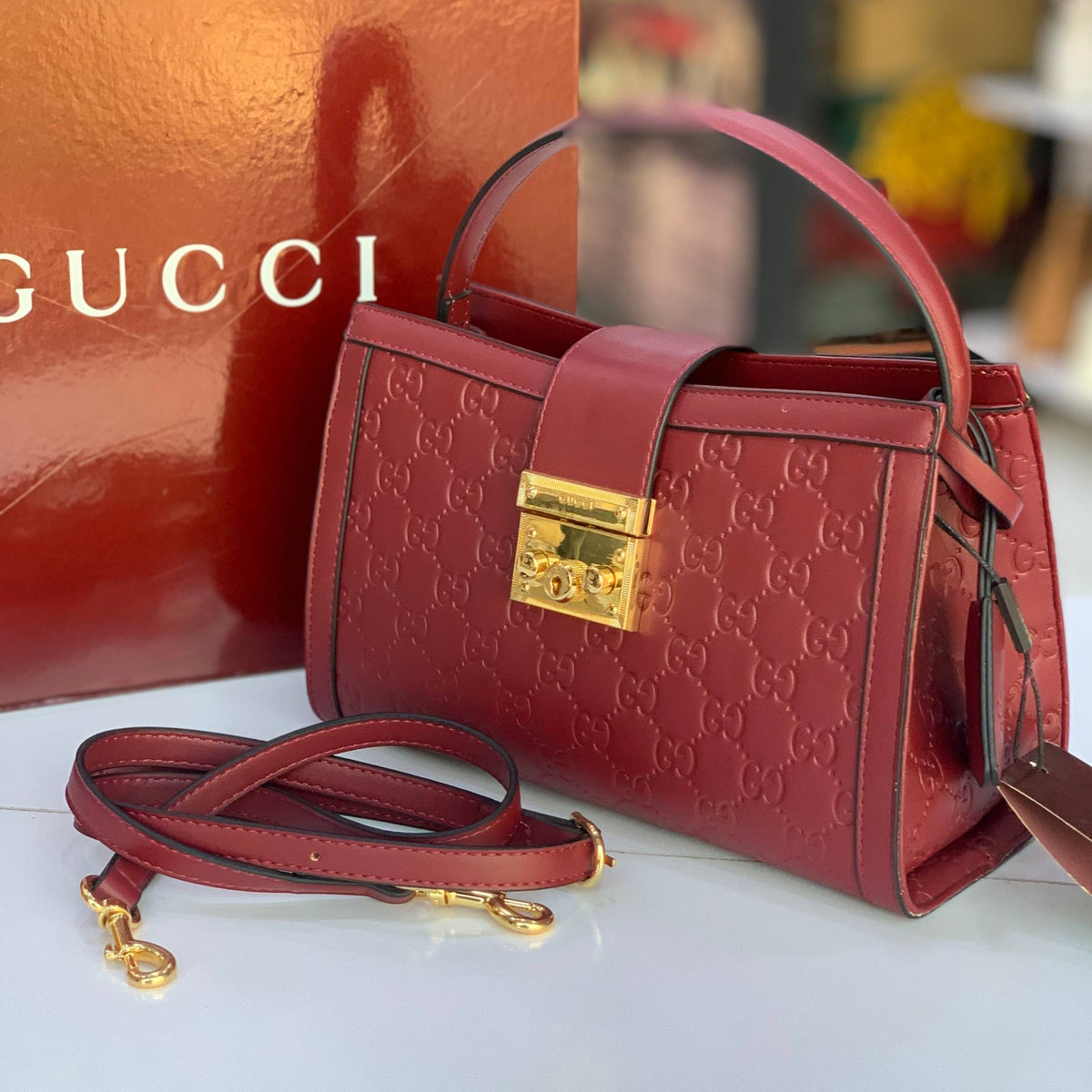 Gucci Red Embossed Leather GG Logo Handbag