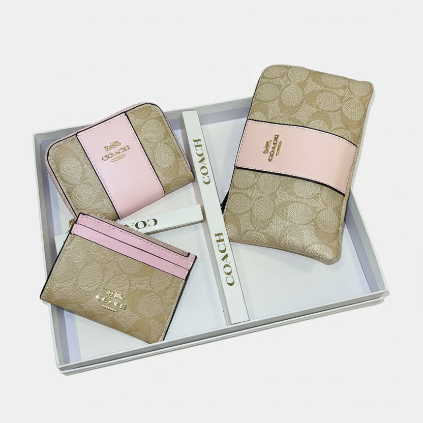 Coach Signature Canvas Big Wallet , Small Wallet and Card Case Set in Khaki/Pink 🌸👜✨