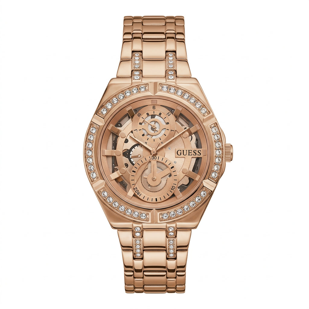 GUESS Rose Gold Tone Crystal Skeleton Watch