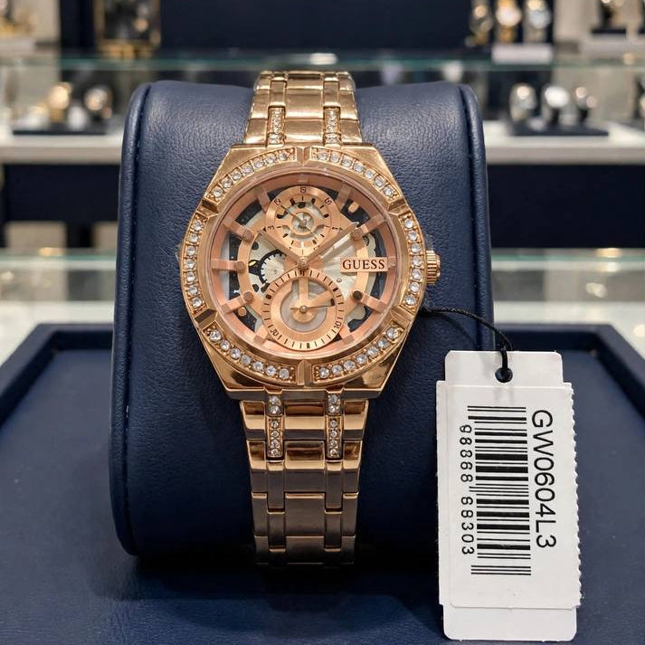 GUESS Rose Gold Tone Crystal Skeleton Watch