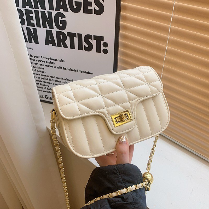 Quilted Chain Shoulder Bag with Gold Tone Turn Lock