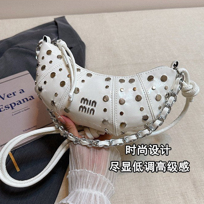 Studded Crescent Chain Shoulder Bag