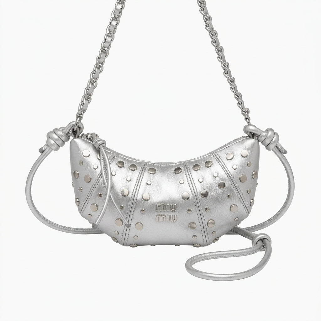 Studded Crescent Chain Shoulder Bag
