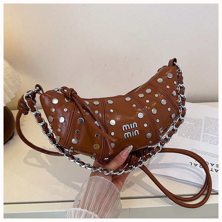 Studded Crescent Chain Shoulder Bag
