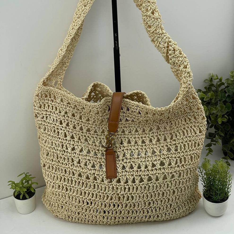 YSL Beige Woven & Leather Tote 👜 Chic Carryall