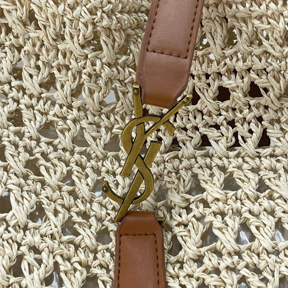 YSL Beige Woven & Leather Tote 👜 Chic Carryall