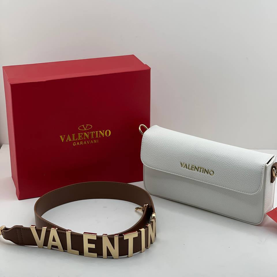 Valentino Garavani White Pebbled Leather Crossbody Bag with Gold Lettered Strap 👜✨⚪