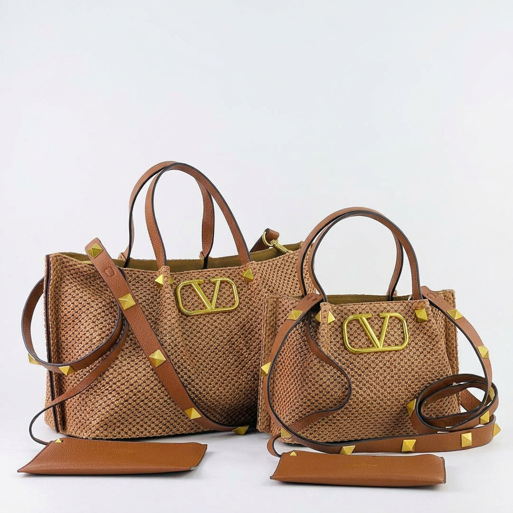 Valentino Large Woven Tote with Gold Tone Hardware