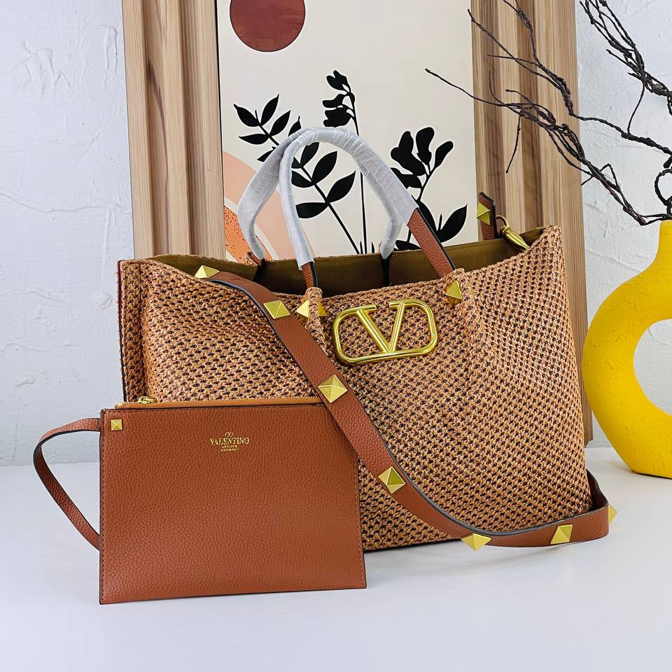 Valentino Large Woven Tote with Gold Tone Hardware