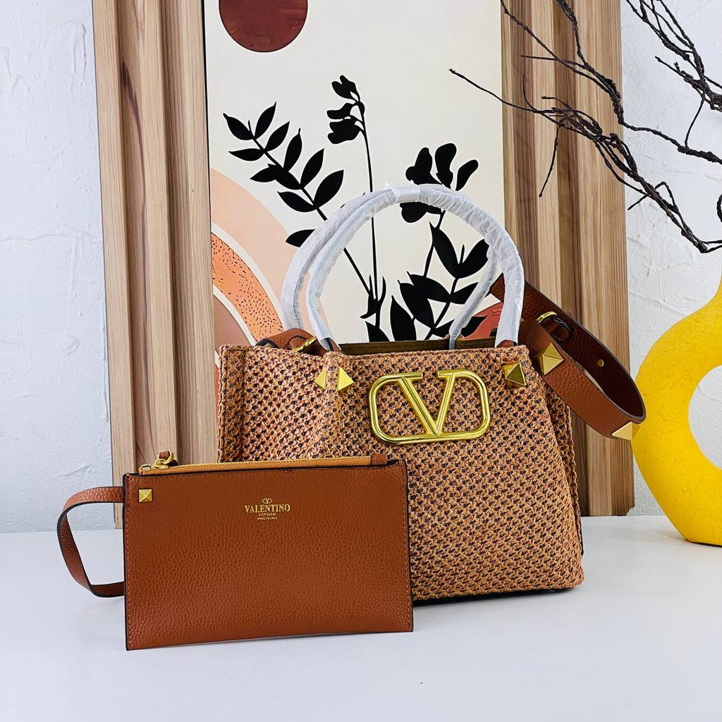Valentino Large Woven Tote with Gold Tone Hardware