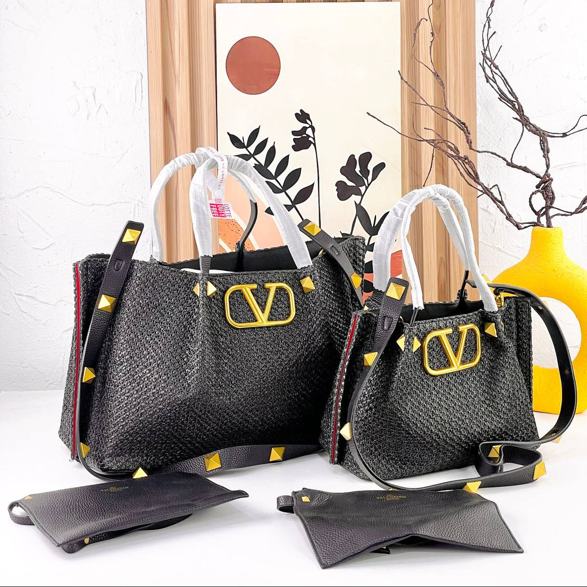 Valentino Large Woven Tote with Gold Tone Hardware