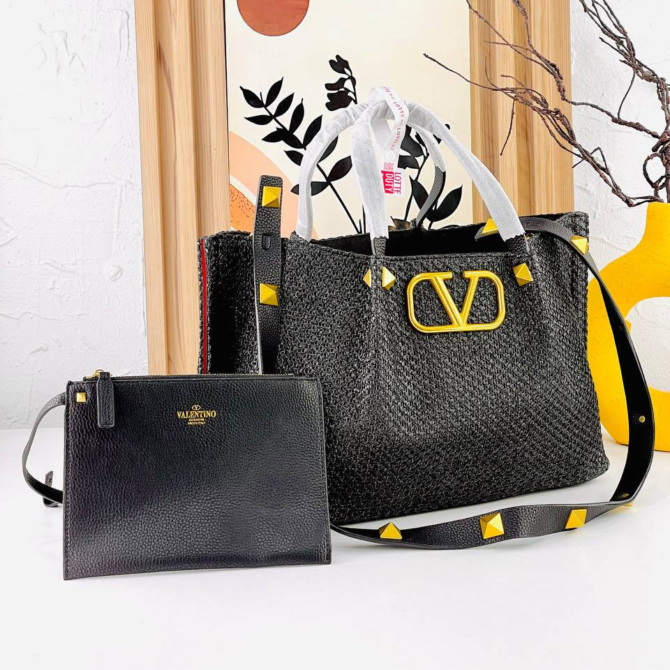 Valentino Large Woven Tote with Gold Tone Hardware