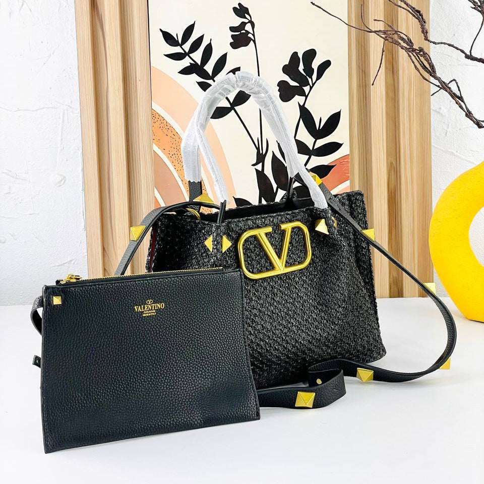 Valentino Large Woven Tote with Gold Tone Hardware