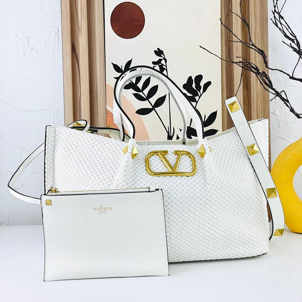 Valentino Large Woven Tote with Gold Tone Hardware