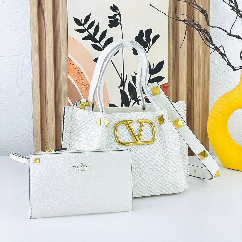 Valentino Large Woven Tote with Gold Tone Hardware