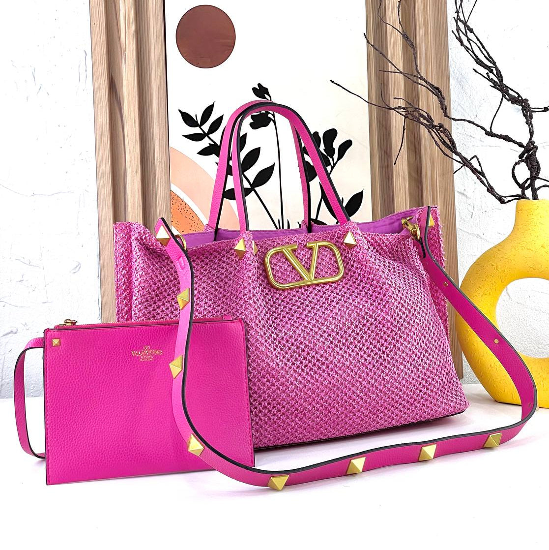 Valentino Large Woven Tote with Gold Tone Hardware