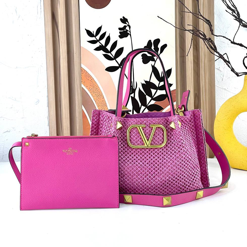 Valentino Large Woven Tote with Gold Tone Hardware