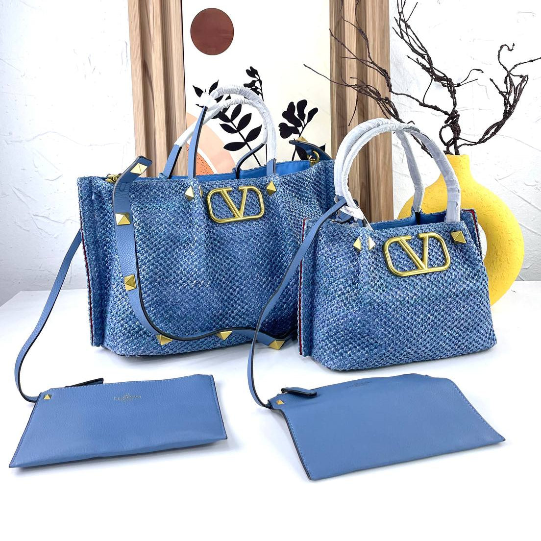 Valentino Large Woven Tote with Gold Tone Hardware