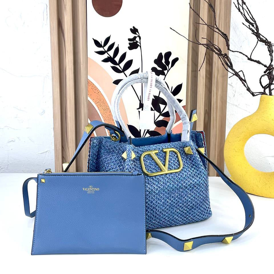Valentino Large Woven Tote with Gold Tone Hardware