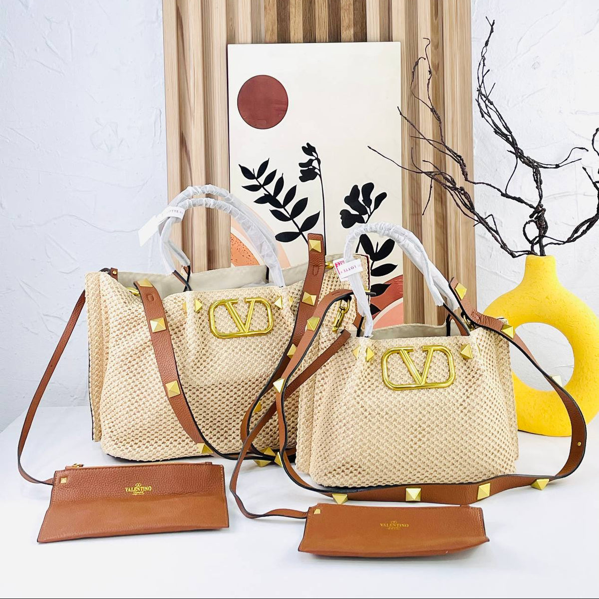 Valentino Large Woven Tote with Gold Tone Hardware