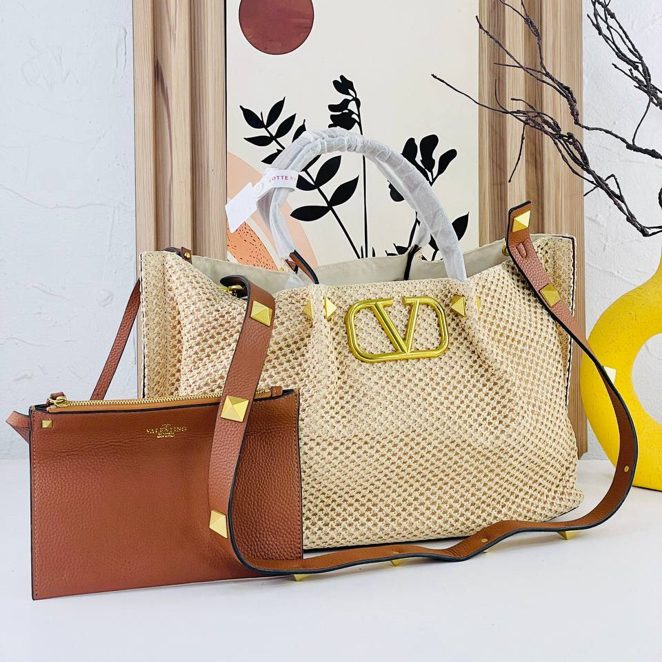 Valentino Large Woven Tote with Gold Tone Hardware