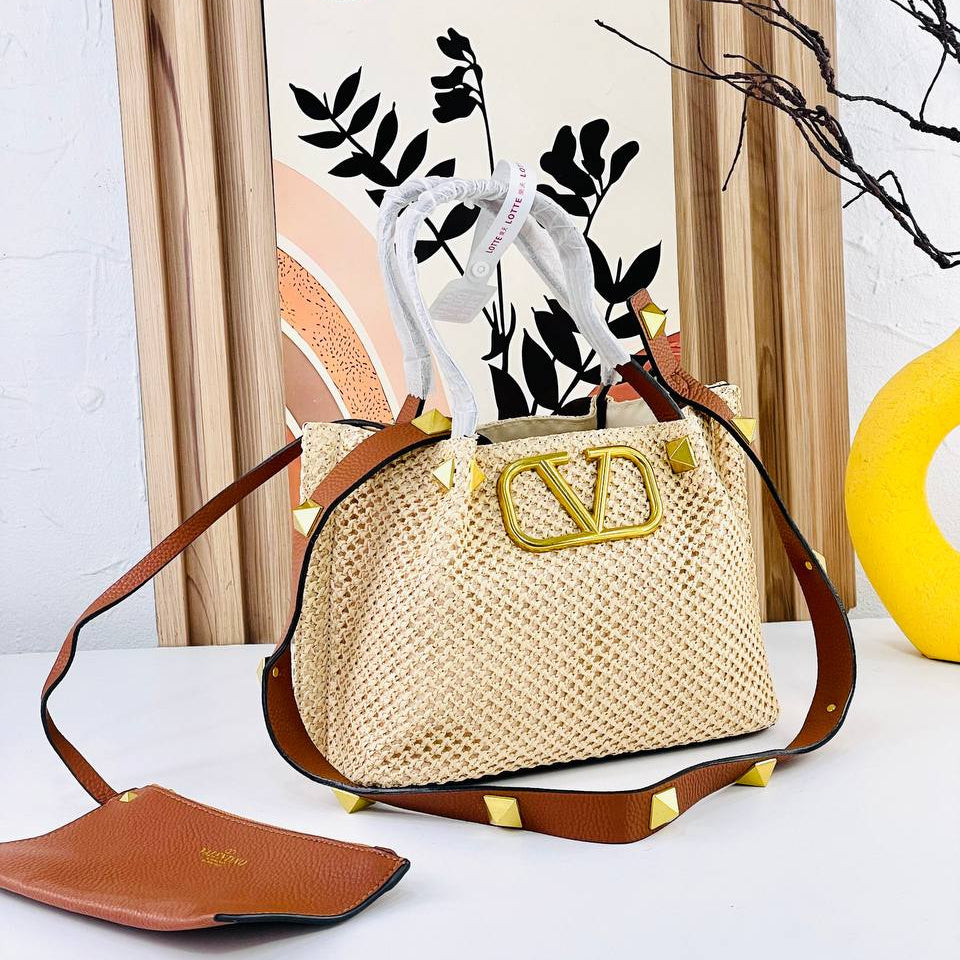 Valentino Large Woven Tote with Gold Tone Hardware