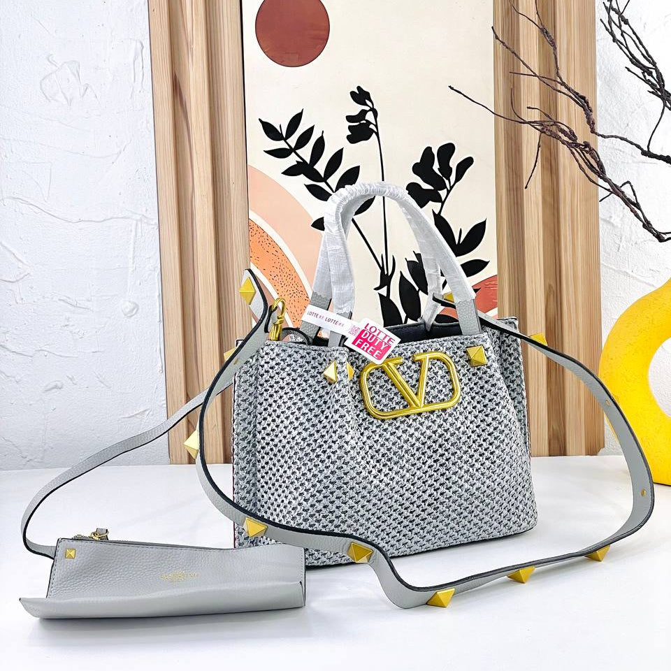 Valentino Large Woven Tote with Gold Tone Hardware