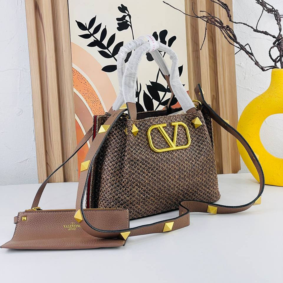 Valentino Large Woven Tote with Gold Tone Hardware