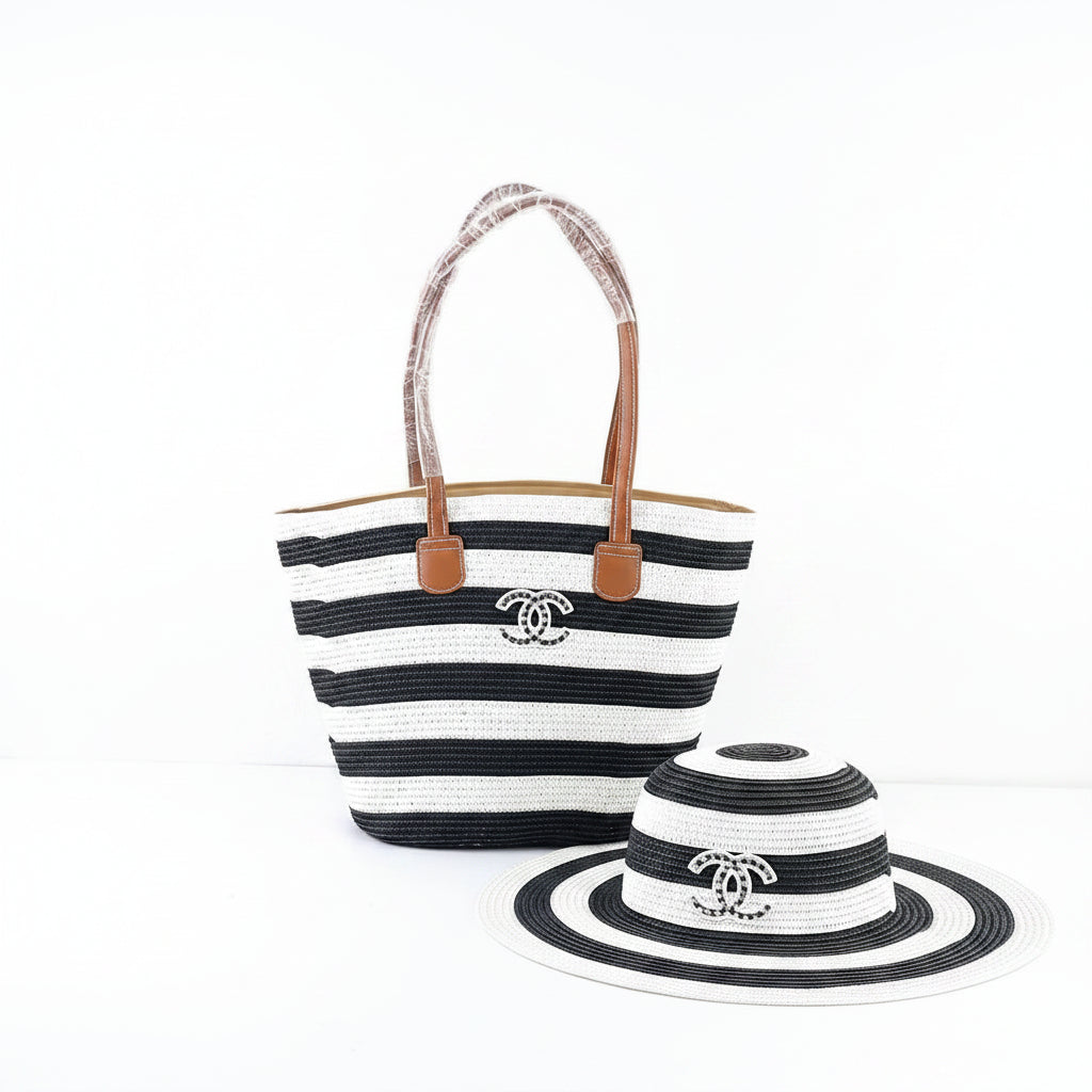 Chanel Inspired Striped Straw Tote Bag & Sun Hat Set 👒👜